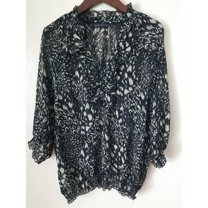 ELENA SOLANO Sheer Ruffle V‎ Neck Printed Top Size L? Black Taupe Blouse
